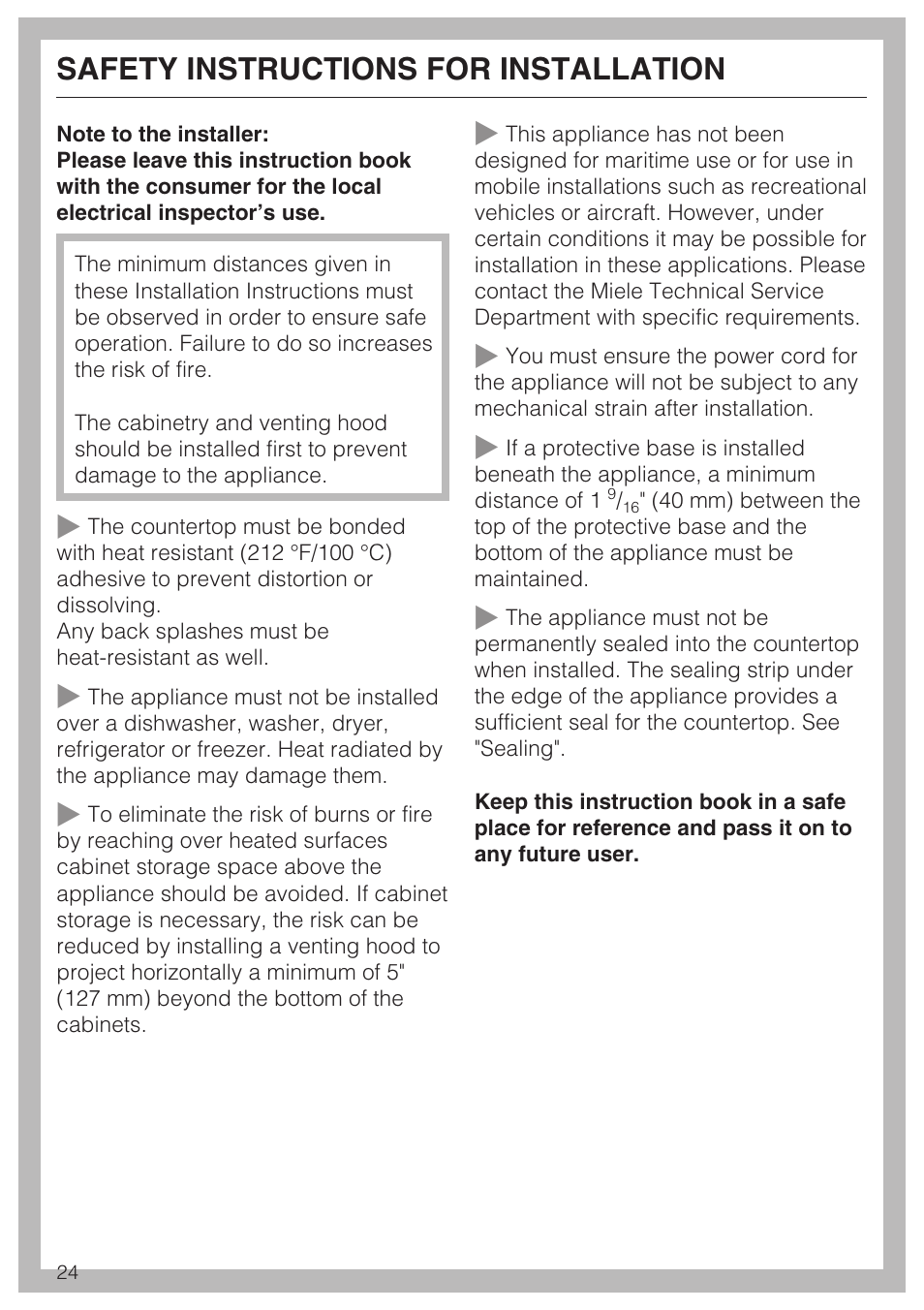 Safety instructions for installation 24, Safety instructions for installation | Miele INDUCTION WOK CS 1223 User Manual | Page 24 / 40