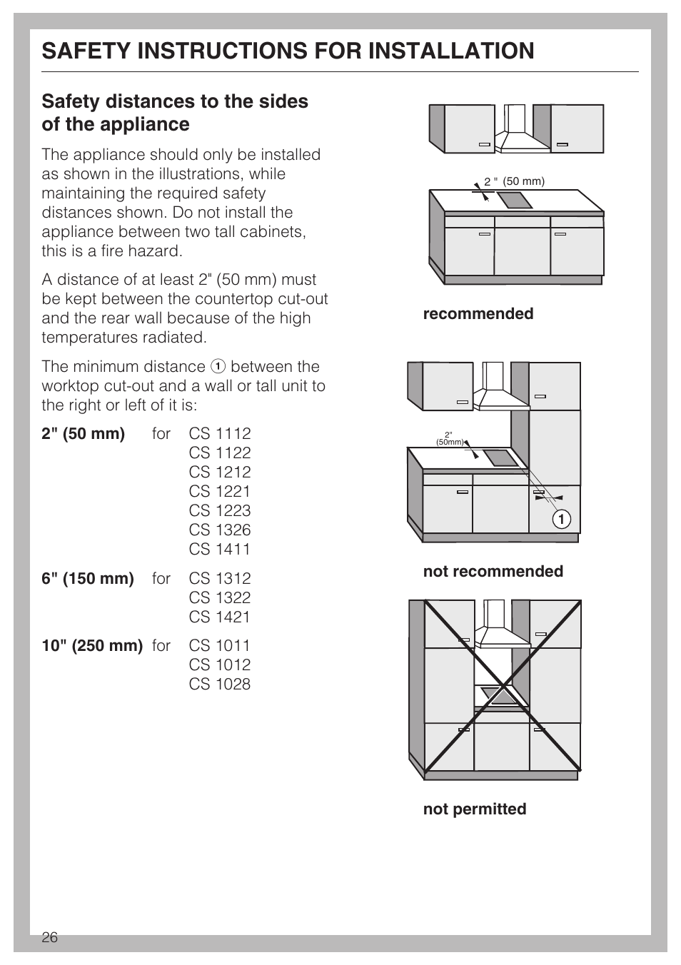 Safety instructions for installation, Safety distances to the sides of the appliance | Miele INDUCTION WOK CS 1223 User Manual | Page 26 / 40