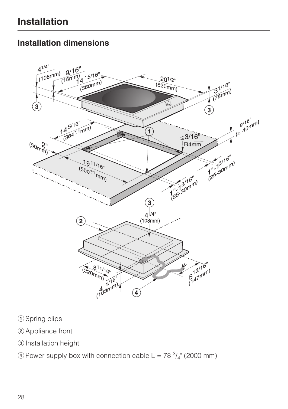 Installation dimensions 28, Installation, Installation dimensions | Miele INDUCTION WOK CS 1223 User Manual | Page 28 / 40