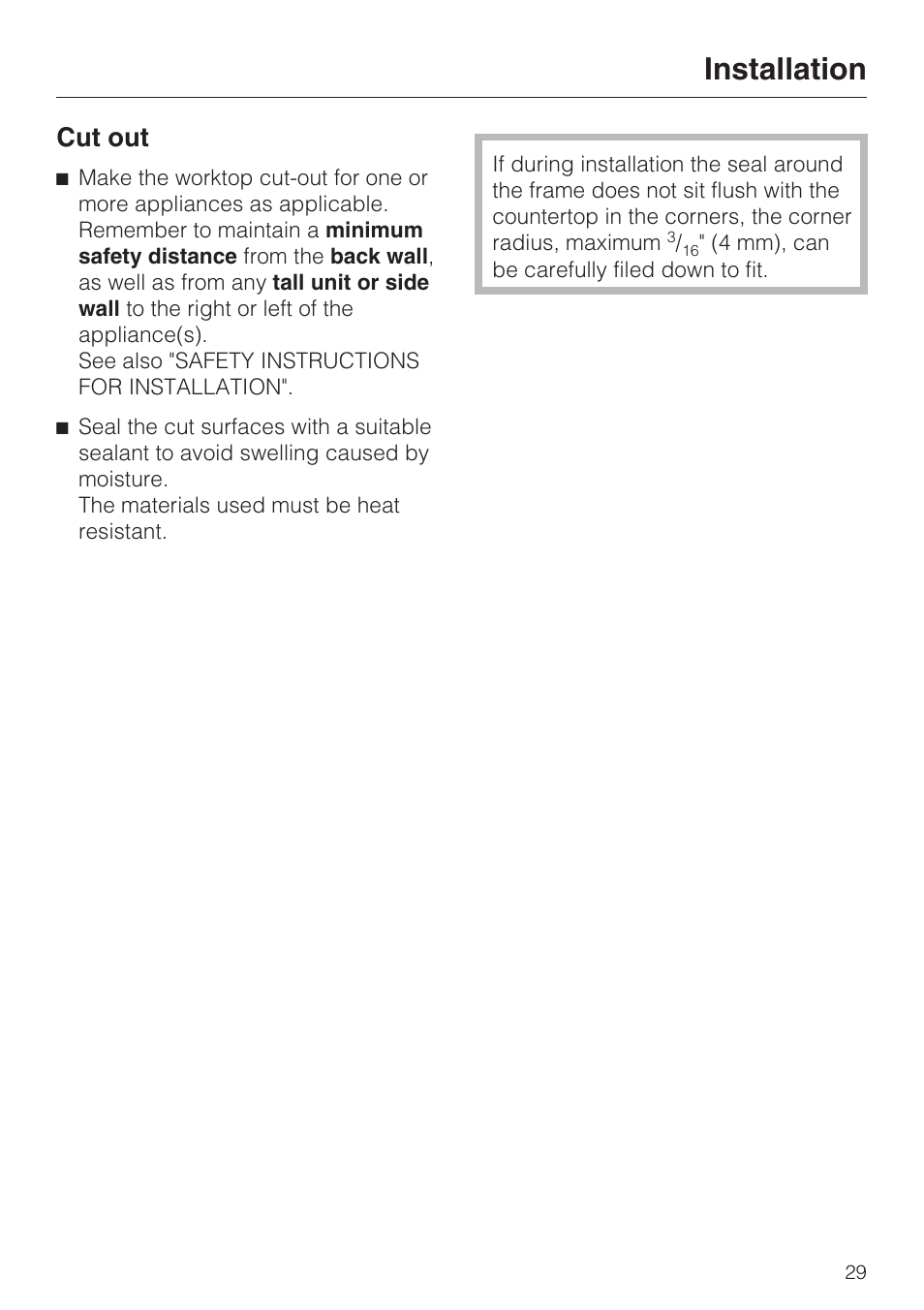Cut out 29, Installation, Cut out | Miele INDUCTION WOK CS 1223 User Manual | Page 29 / 40