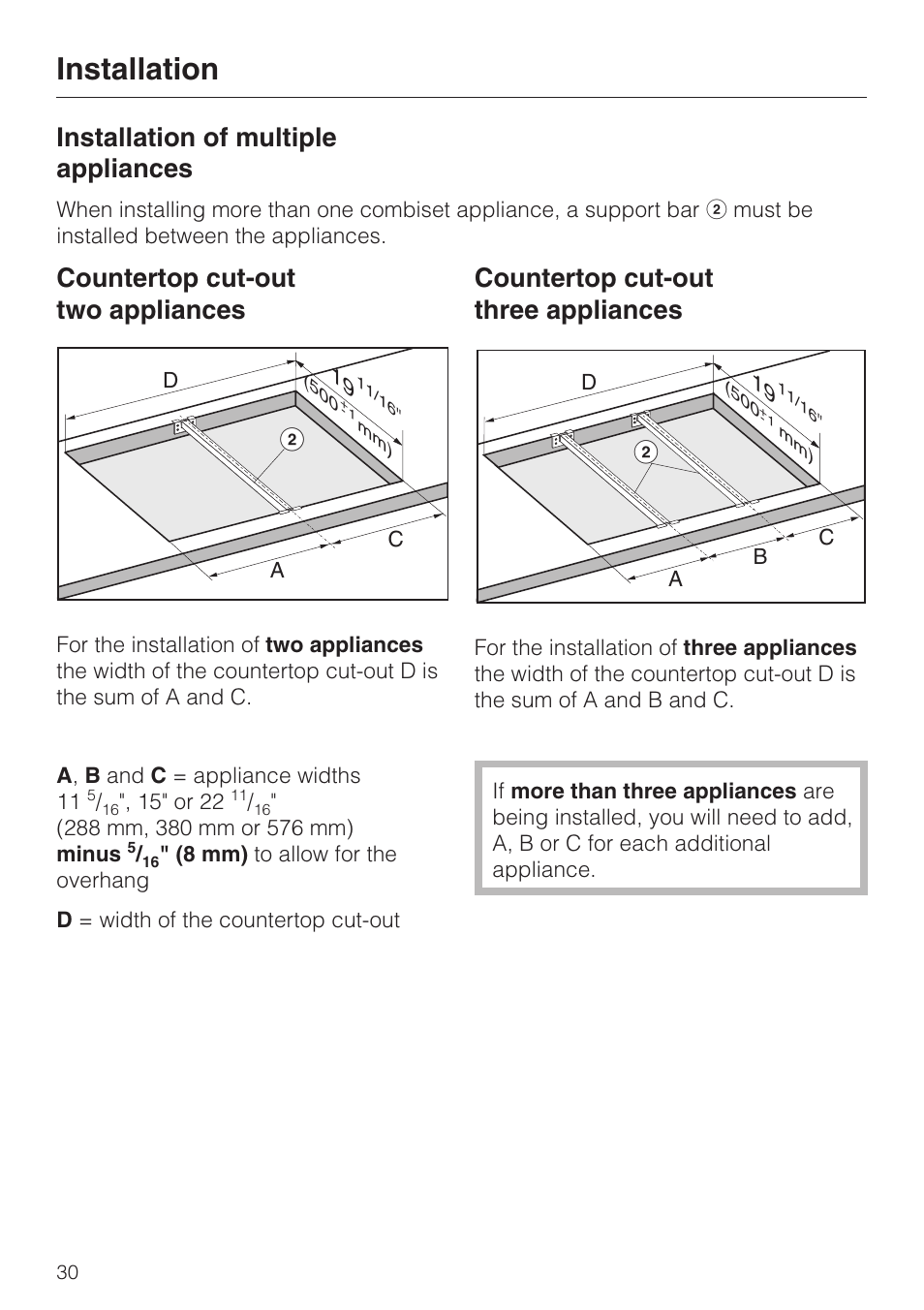 Installation of multiple appliances 30, Installation, Installation of multiple appliances | Countertop cut-out two appliances, Countertop cut-out three appliances | Miele INDUCTION WOK CS 1223 User Manual | Page 30 / 40