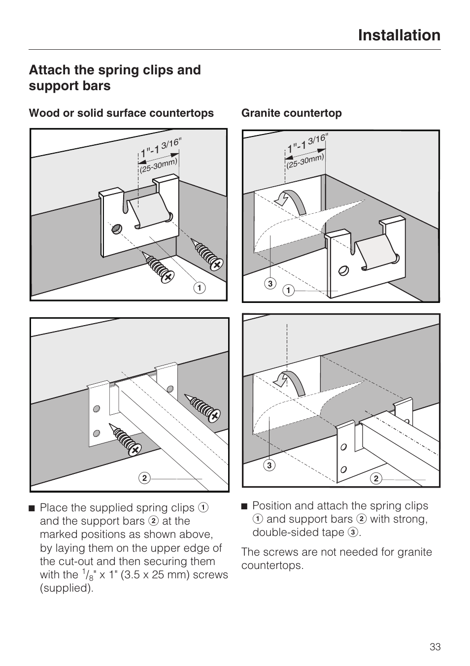 Attach the spring clips and support bars 33, Installation, Attach the spring clips and support bars | Miele INDUCTION WOK CS 1223 User Manual | Page 33 / 40