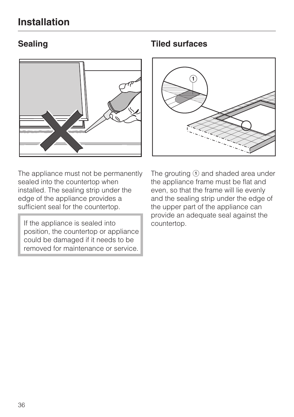 Sealing 36, Tiled surfaces 36, Installation | Miele INDUCTION WOK CS 1223 User Manual | Page 36 / 40