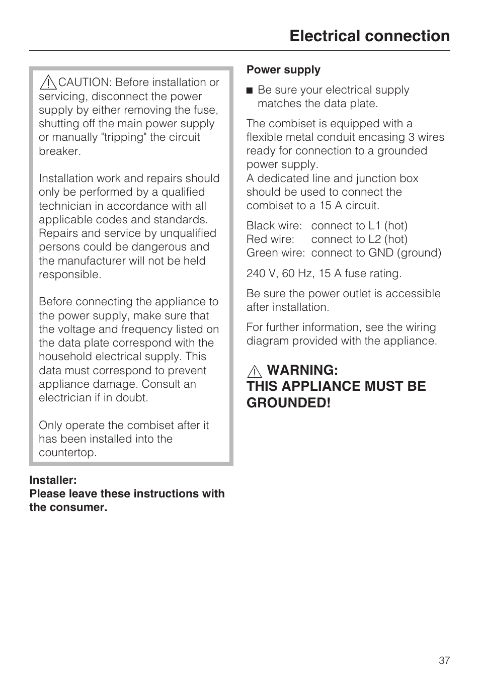 Electrical connection 37, Electrical connection, Warning: this appliance must be grounded | Miele INDUCTION WOK CS 1223 User Manual | Page 37 / 40