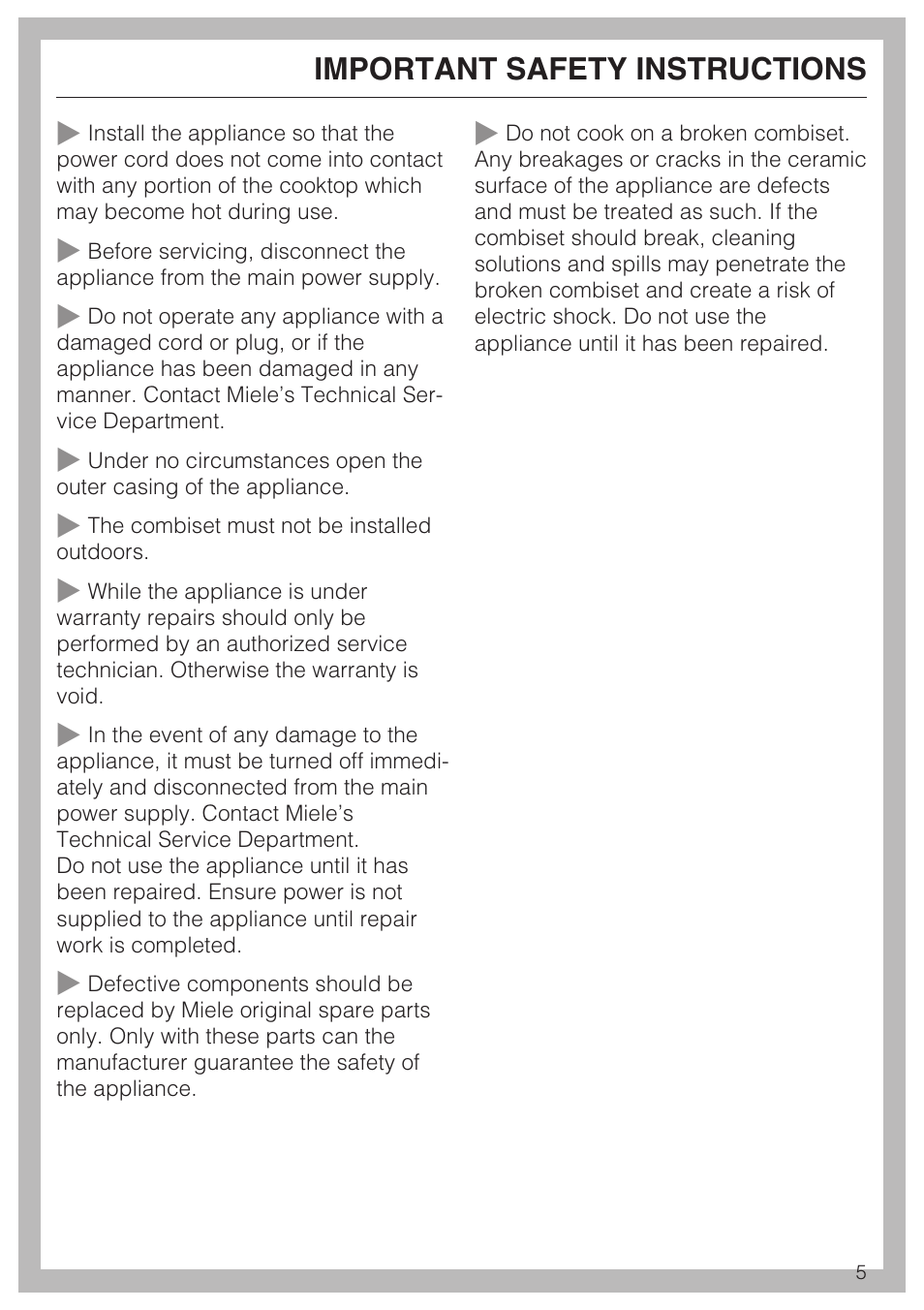 Important safety instructions | Miele INDUCTION WOK CS 1223 User Manual | Page 5 / 40