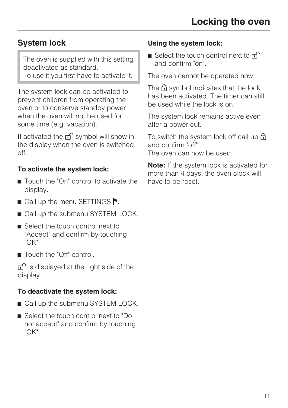 Locking the oven 11, Using the system lock: 11, Locking the oven | System lock | Miele H4780B User Manual | Page 11 / 76