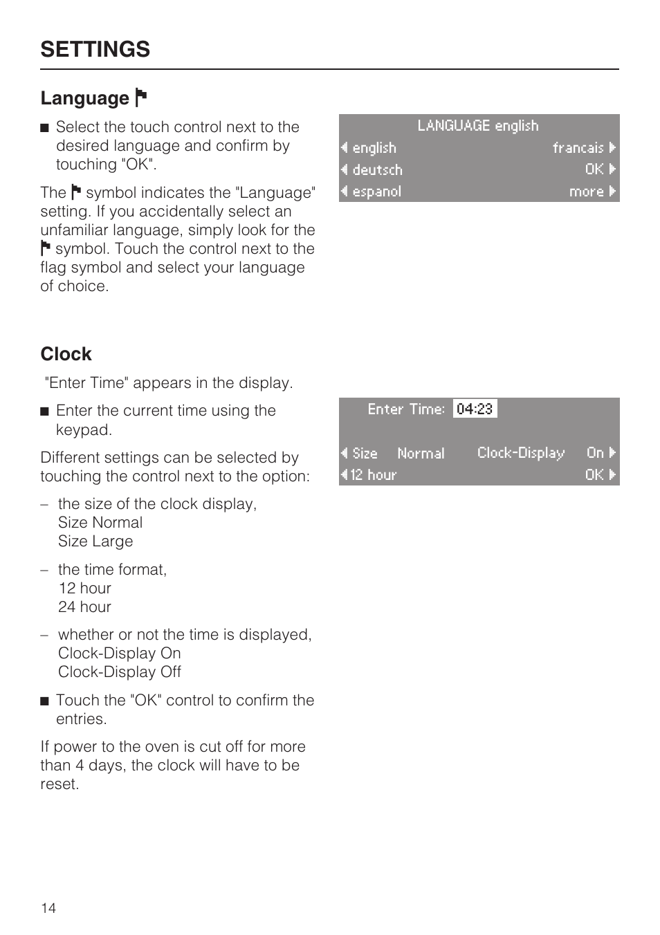 Language j 14, Clock 14, Settings | Language j, Clock | Miele H4780B User Manual | Page 14 / 76