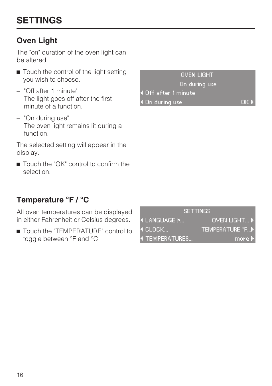 Oven light 16, Temperature °f / °c 16, Settings | Oven light, Temperature °f / °c | Miele H4780B User Manual | Page 16 / 76