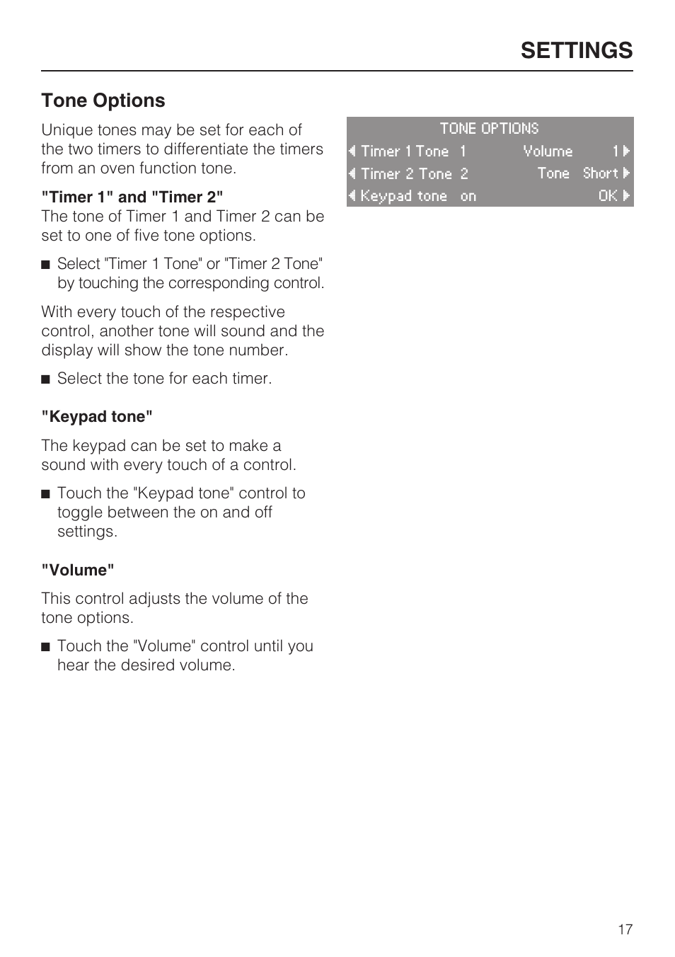 Tone options 17, Settings, Tone options | Miele H4780B User Manual | Page 17 / 76