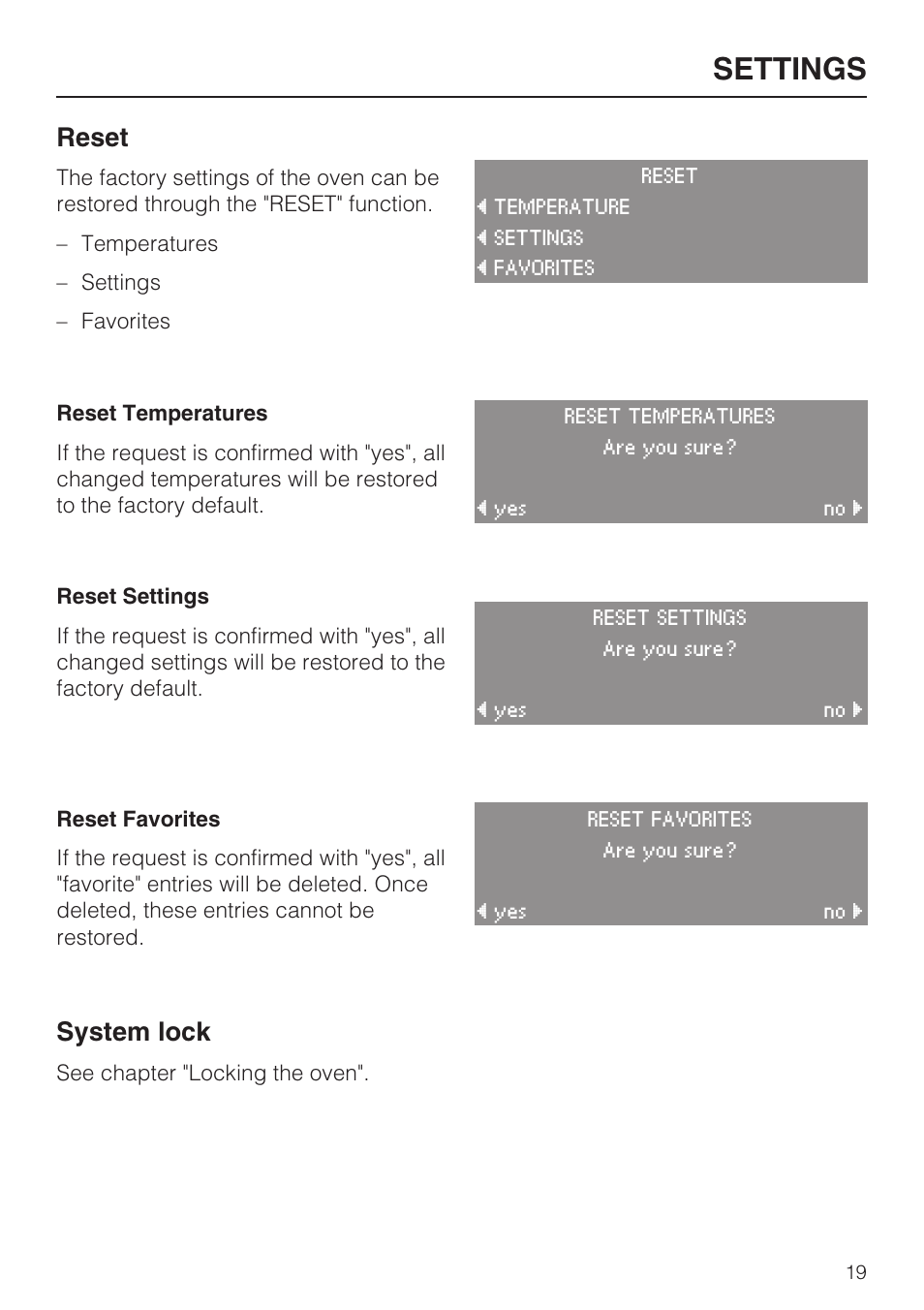 Reset 19, System lock 19, Settings | Reset, System lock | Miele H4780B User Manual | Page 19 / 76