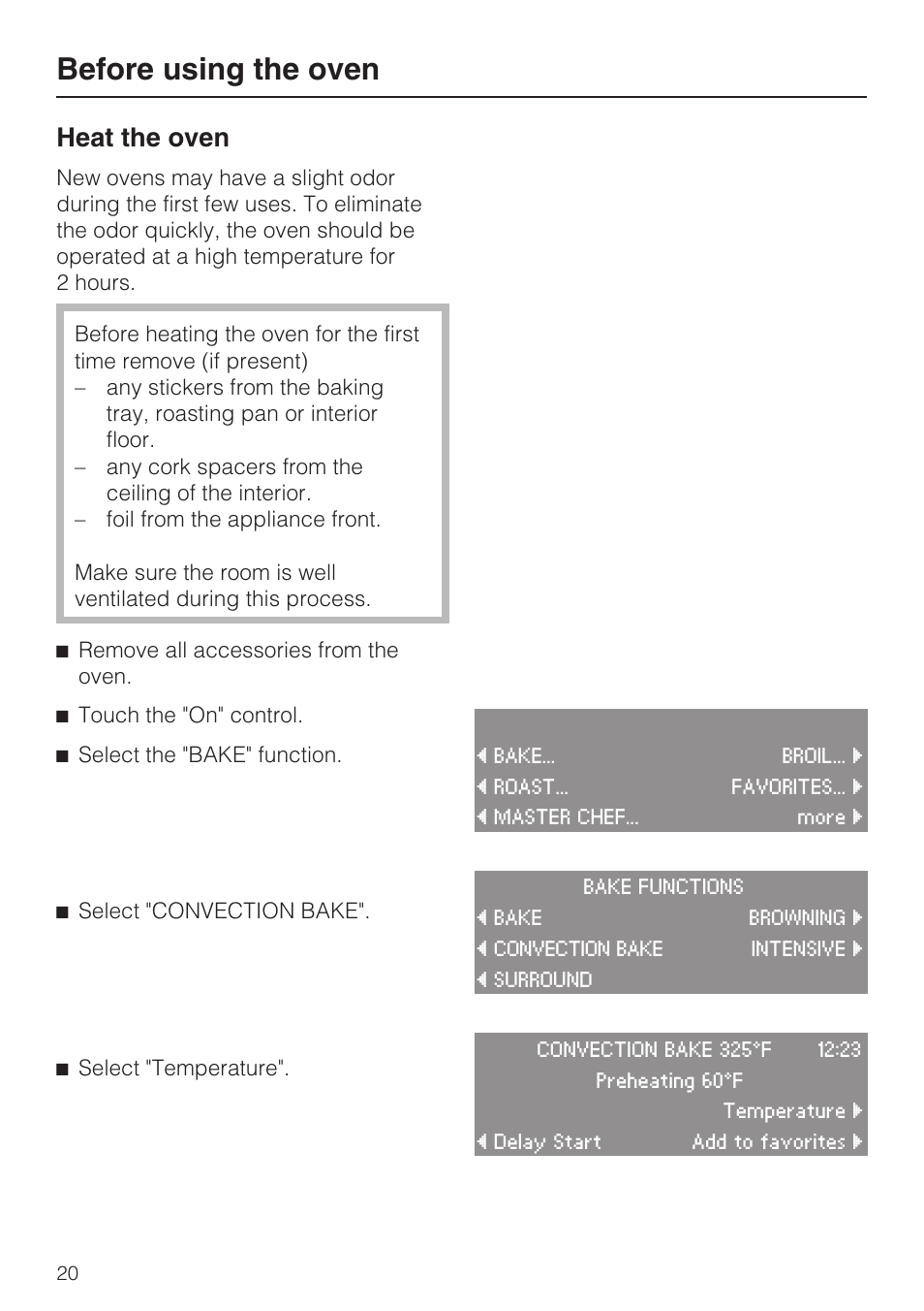 Before using the oven 20, Before using the oven, Heat the oven | Miele H4780B User Manual | Page 20 / 76