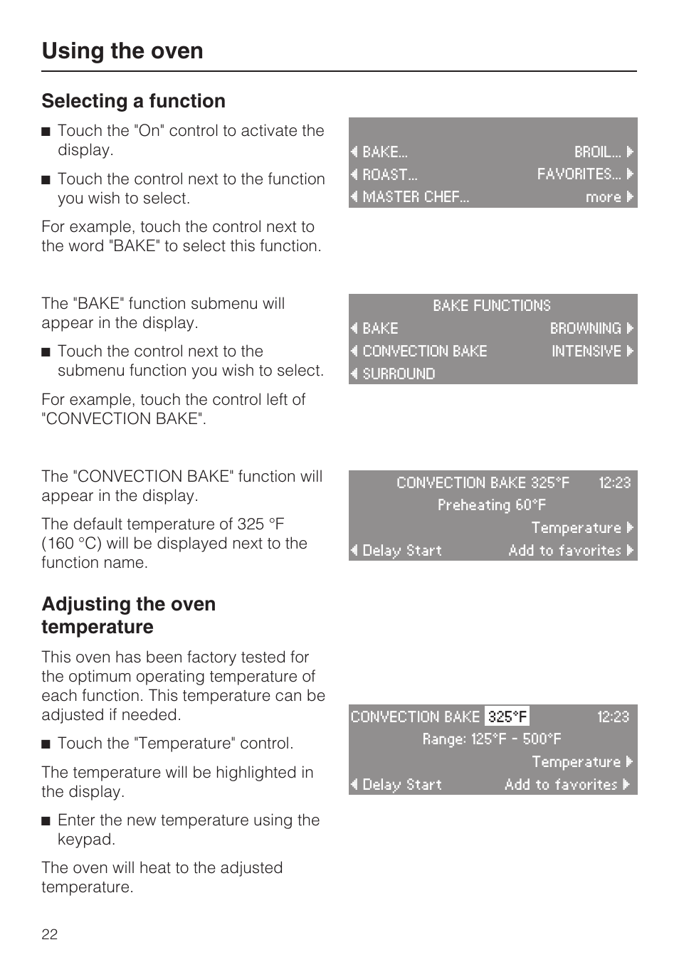 Using the oven 22, Selecting a function 22, Adjusting the oven temperature 22 | Using the oven, Selecting a function, Adjusting the oven temperature | Miele H4780B User Manual | Page 22 / 76