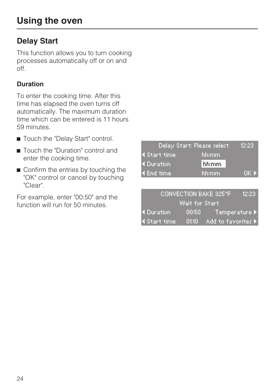 Delay start 24, Duration 24, Using the oven | Delay start | Miele H4780B User Manual | Page 24 / 76