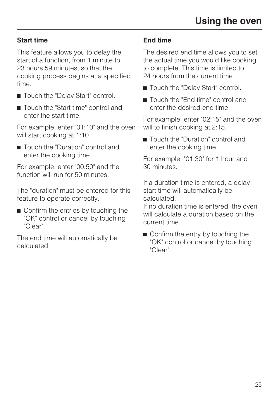 Start time 25, End time 25, Using the oven | Miele H4780B User Manual | Page 25 / 76