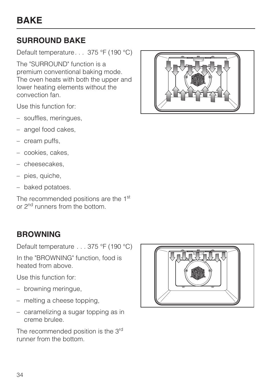 Bake, Surround bake, Browning | Miele H4780B User Manual | Page 34 / 76