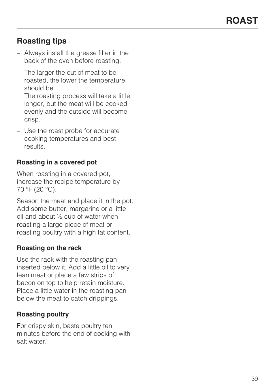 Roasting tips 39, Roast, Roasting tips | Miele H4780B User Manual | Page 39 / 76