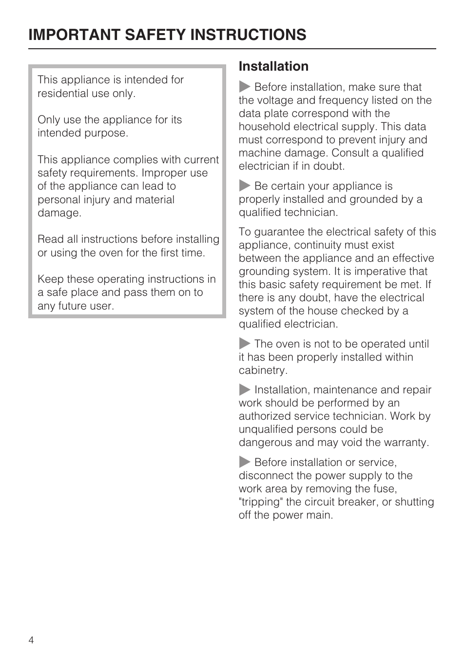 Important safety instructions 4, Important safety instructions | Miele H4780B User Manual | Page 4 / 76