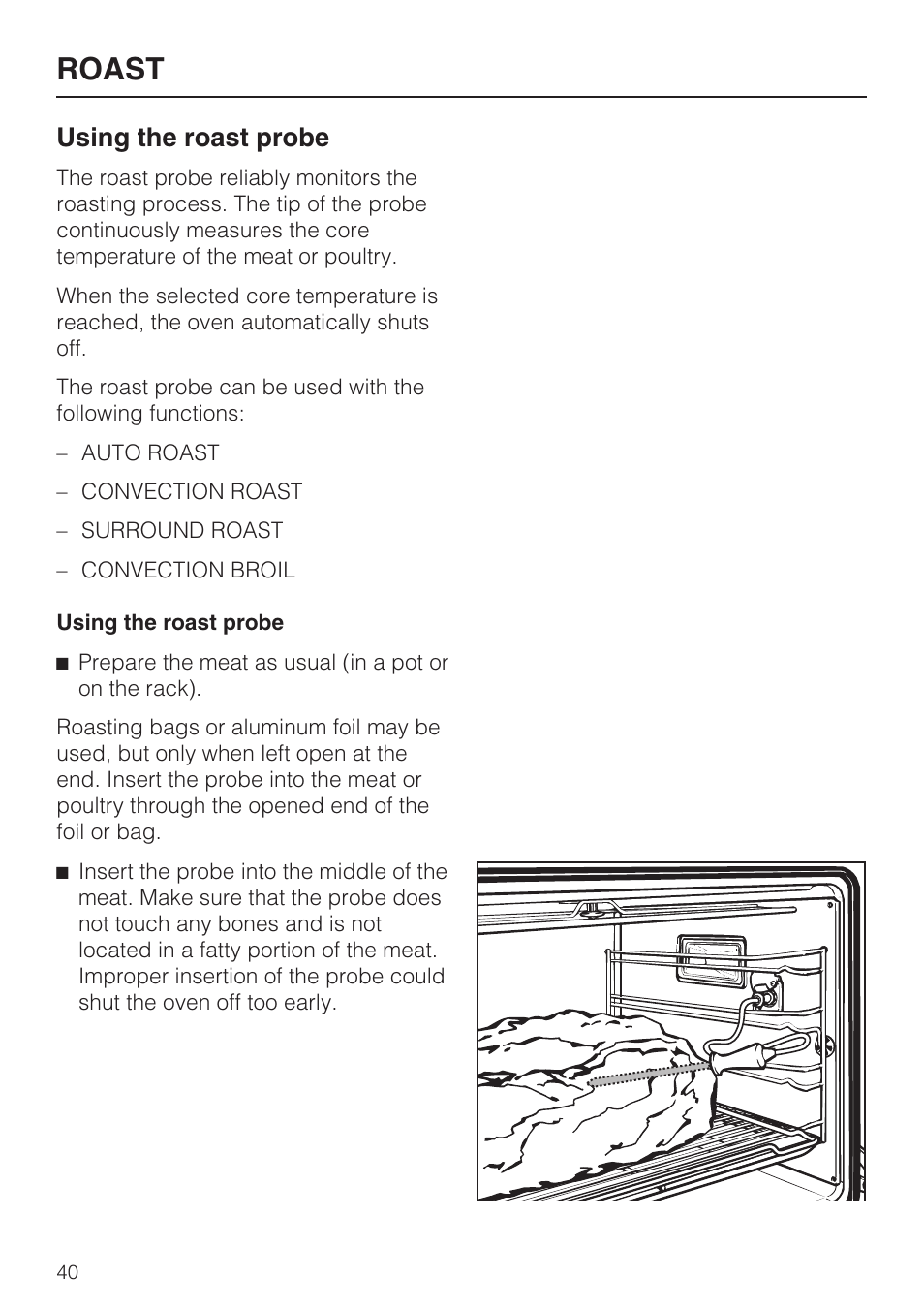 Using the roast probe 40, Roast, Using the roast probe | Miele H4780B User Manual | Page 40 / 76