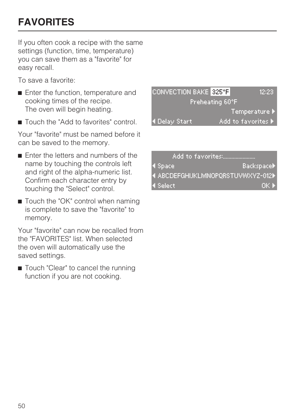 Favorites 50, Favorites | Miele H4780B User Manual | Page 50 / 76