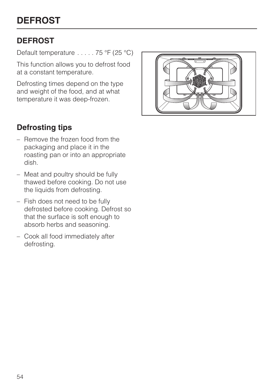 Defrost 54, Defrosting tips 54, Defrost | Defrosting tips | Miele H4780B User Manual | Page 54 / 76