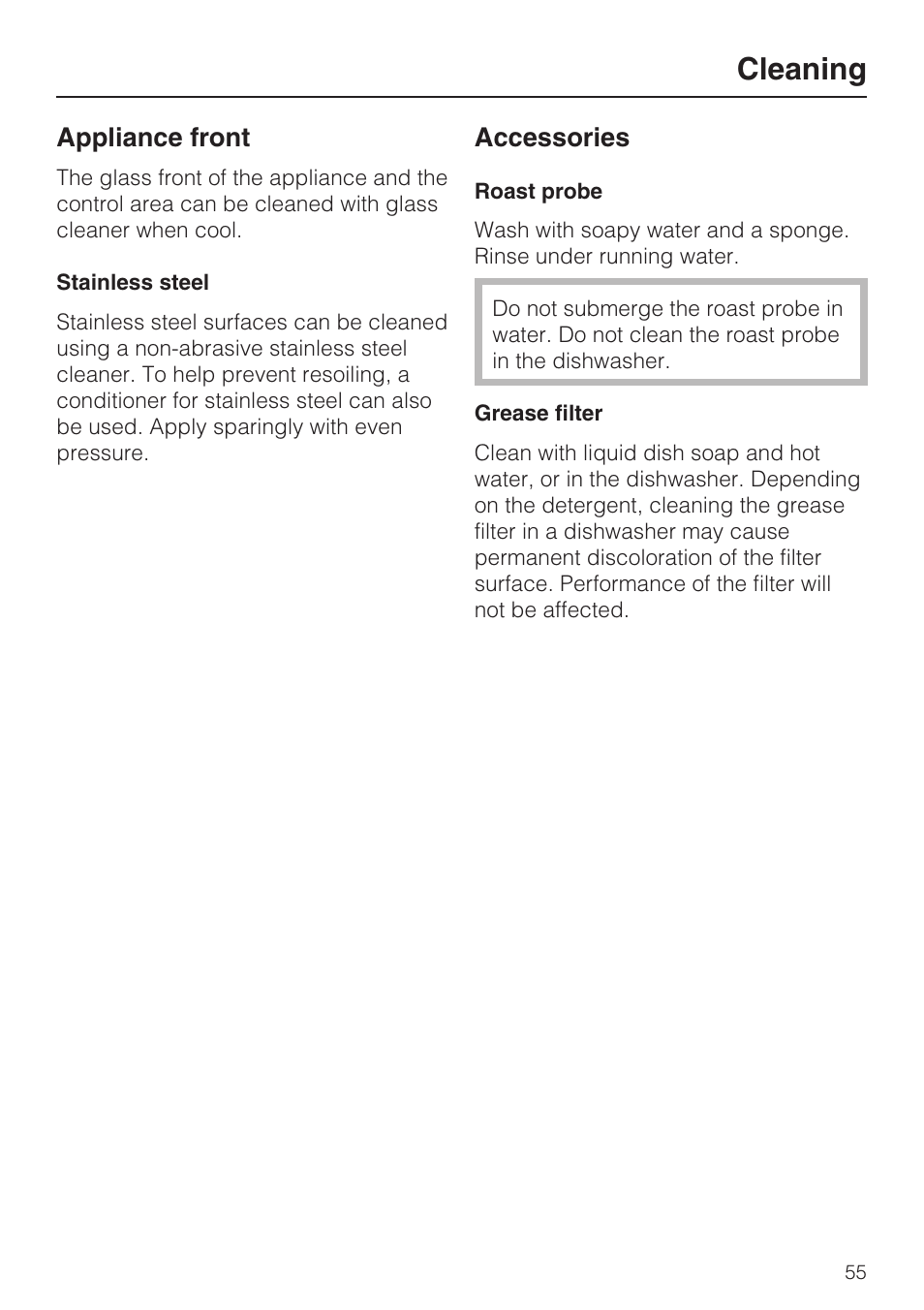 Cleaning 55, Cleaning, Appliance front | Accessories | Miele H4780B User Manual | Page 55 / 76