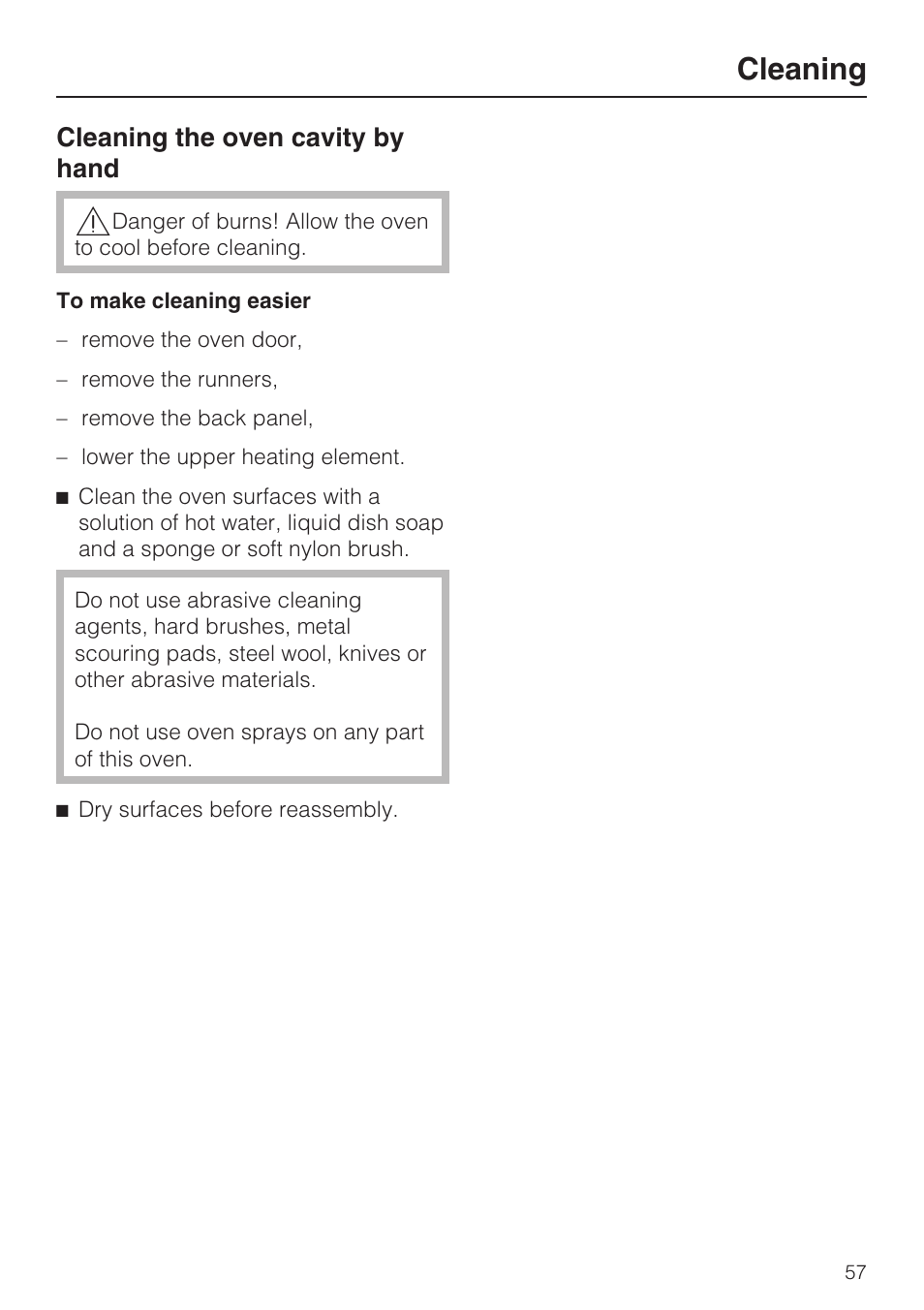 Cleaning, Cleaning the oven cavity by hand | Miele H4780B User Manual | Page 57 / 76