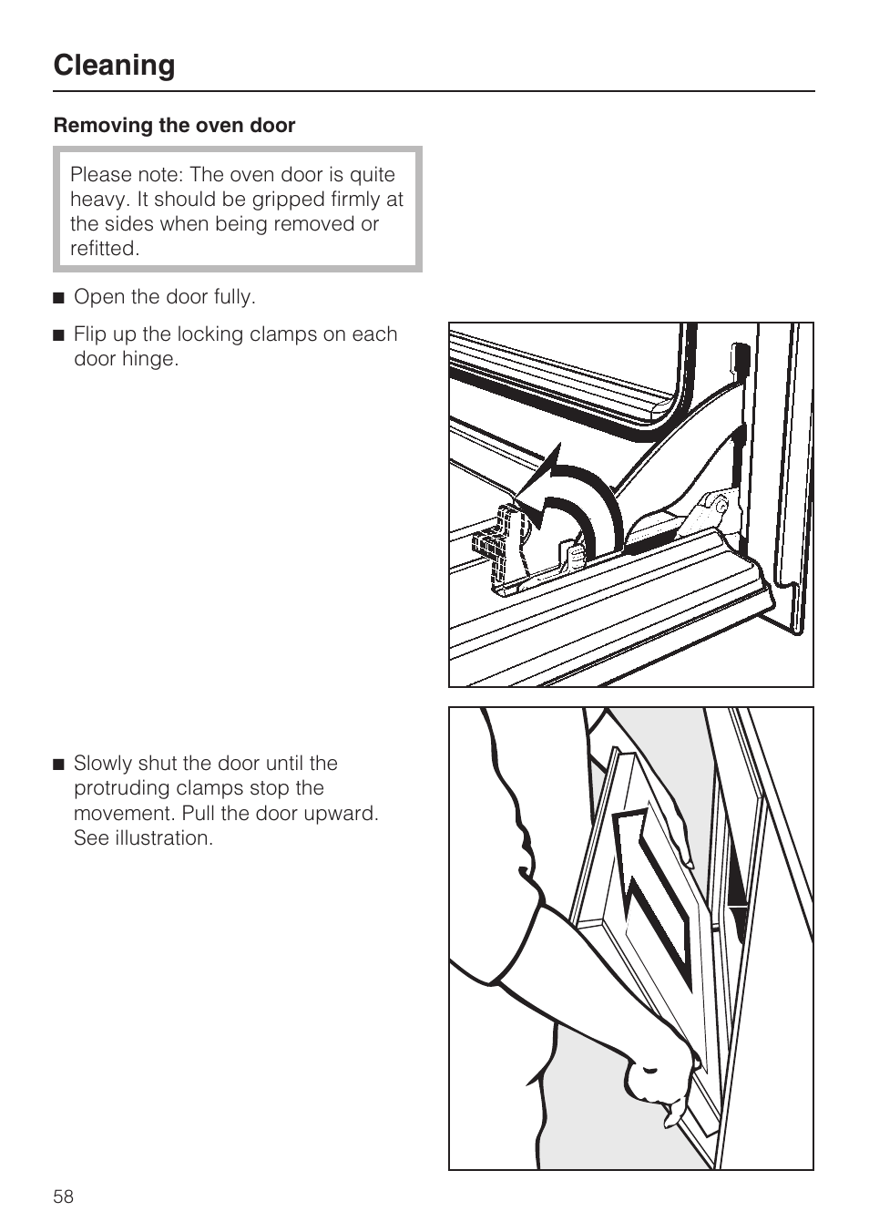 Removing the oven door 58, Cleaning | Miele H4780B User Manual | Page 58 / 76