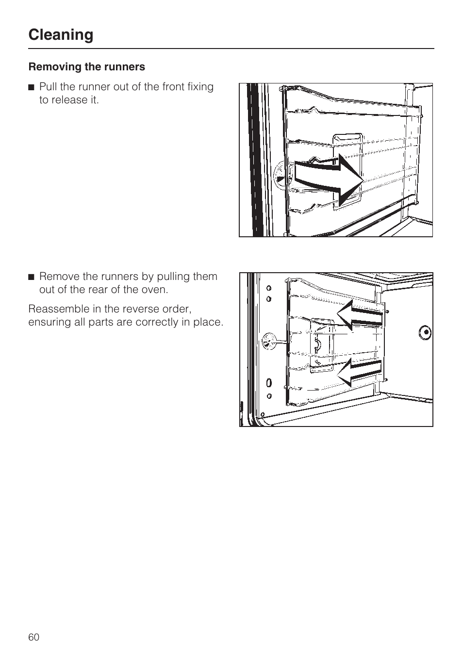 Removing the runners 60, Cleaning | Miele H4780B User Manual | Page 60 / 76