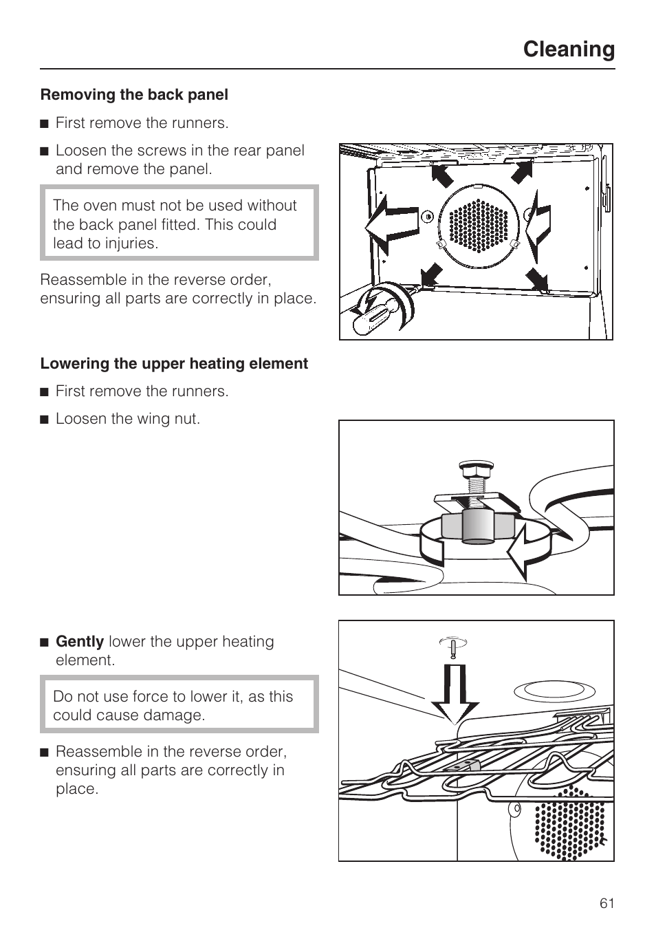 Removing the back panel 61, Lowering the upper heating element 61, Cleaning | Miele H4780B User Manual | Page 61 / 76