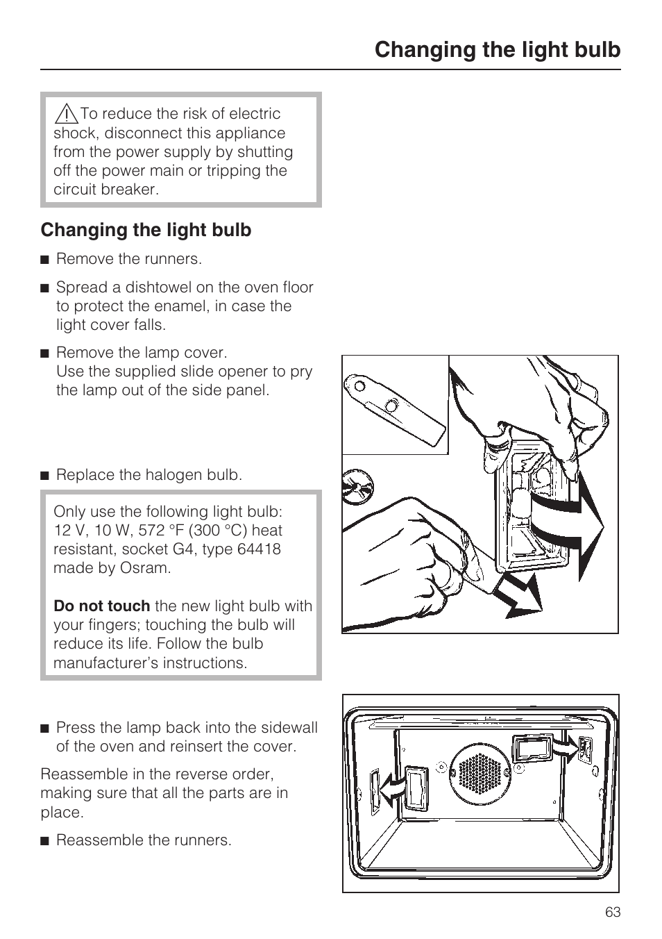 Changing the light bulb 63, Changing the light bulb | Miele H4780B User Manual | Page 63 / 76