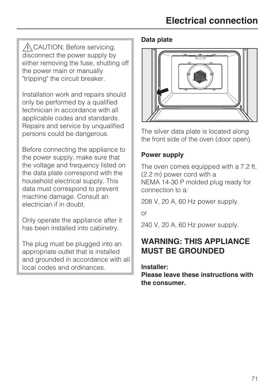 Electrical connection 71, Electrical connection, Warning: this appliance must be grounded | Miele H4780B User Manual | Page 71 / 76