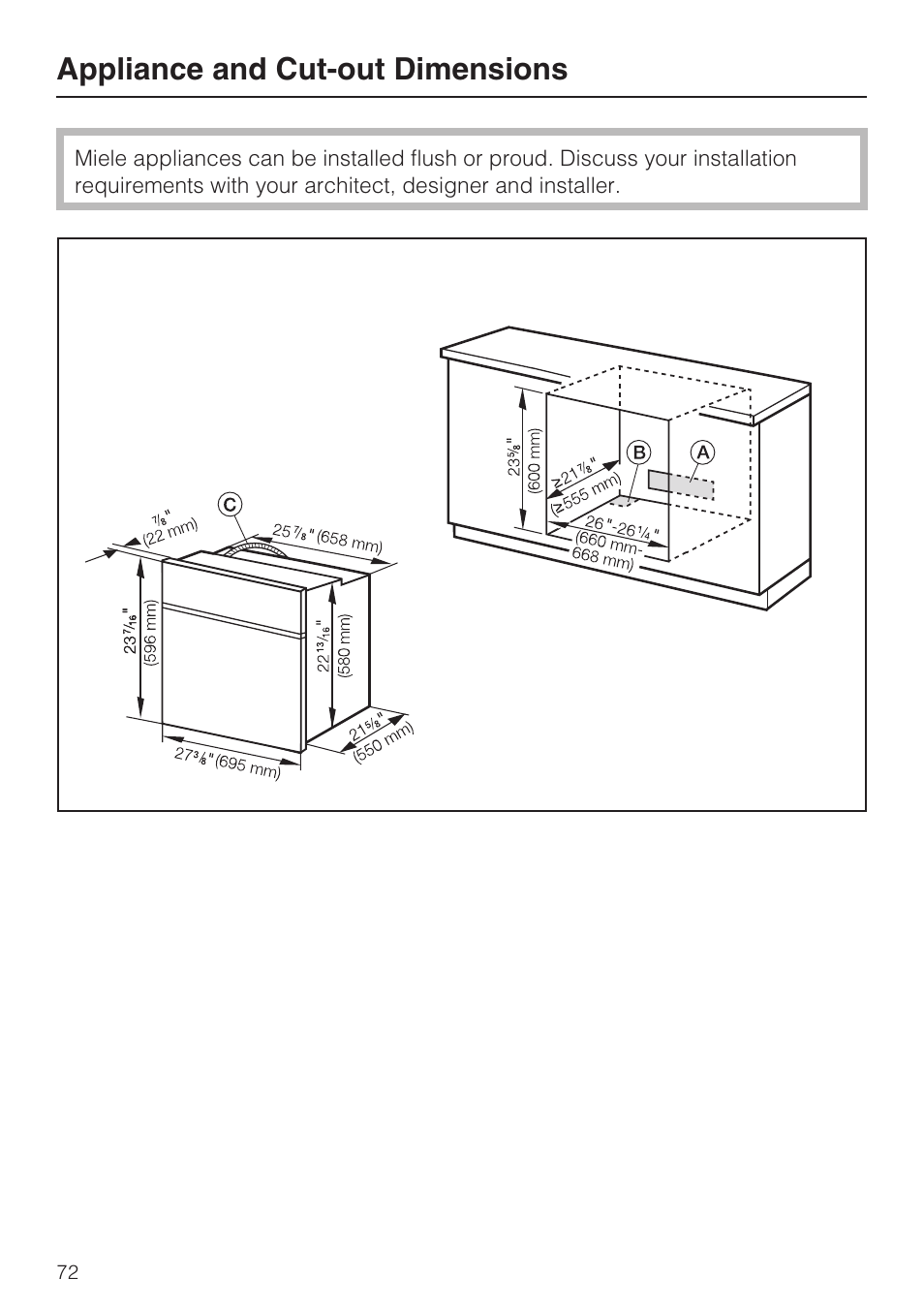 Appliance and cut-out dimensions 72, Appliance and cut-out dimensions | Miele H4780B User Manual | Page 72 / 76