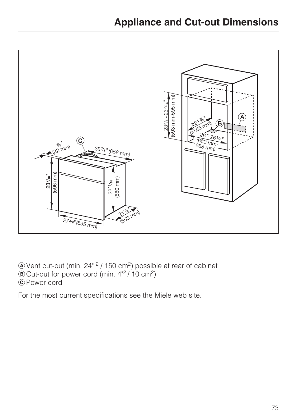 Appliance and cut-out dimensions | Miele H4780B User Manual | Page 73 / 76