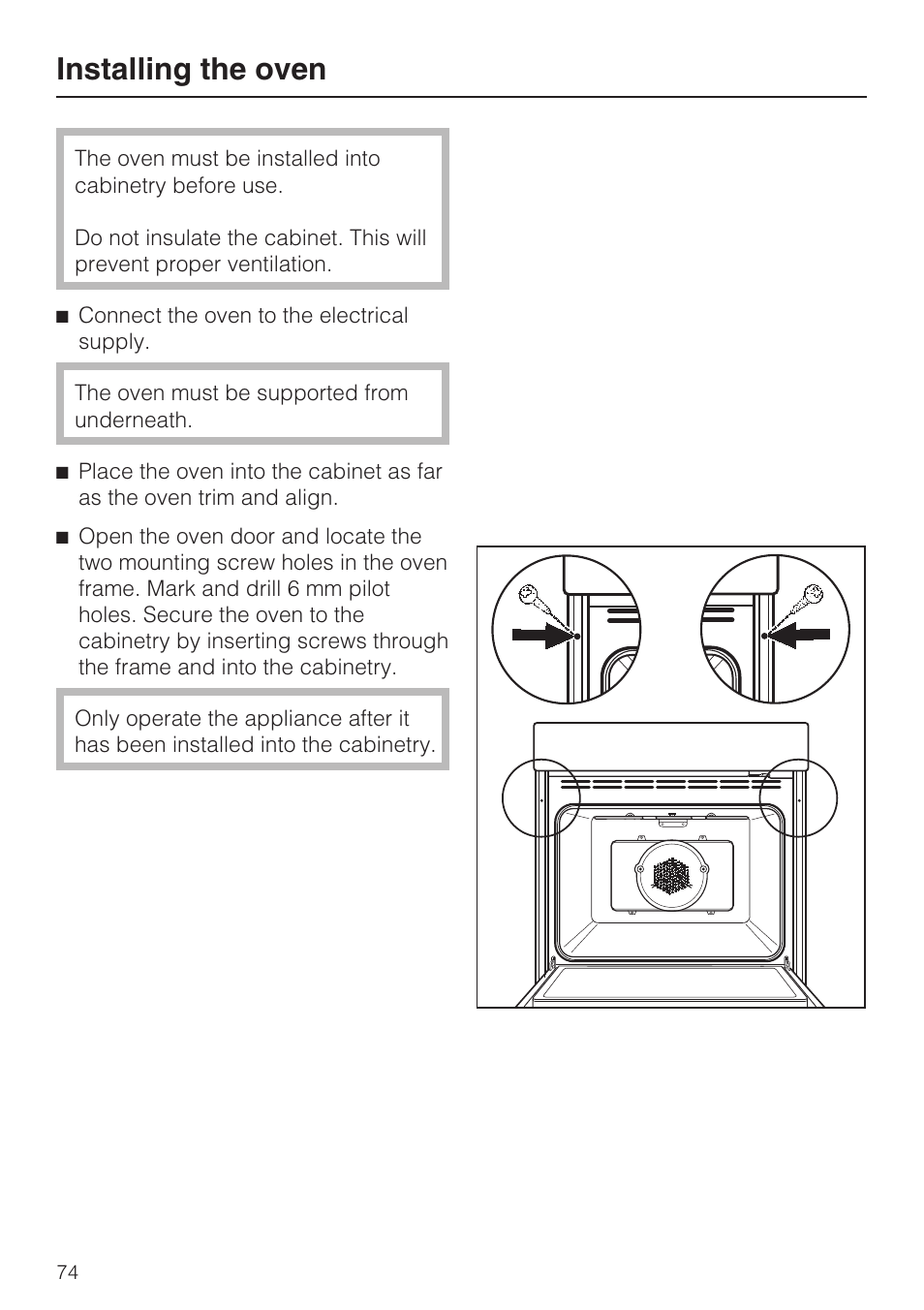 Installing the oven 74, Installing the oven | Miele H4780B User Manual | Page 74 / 76