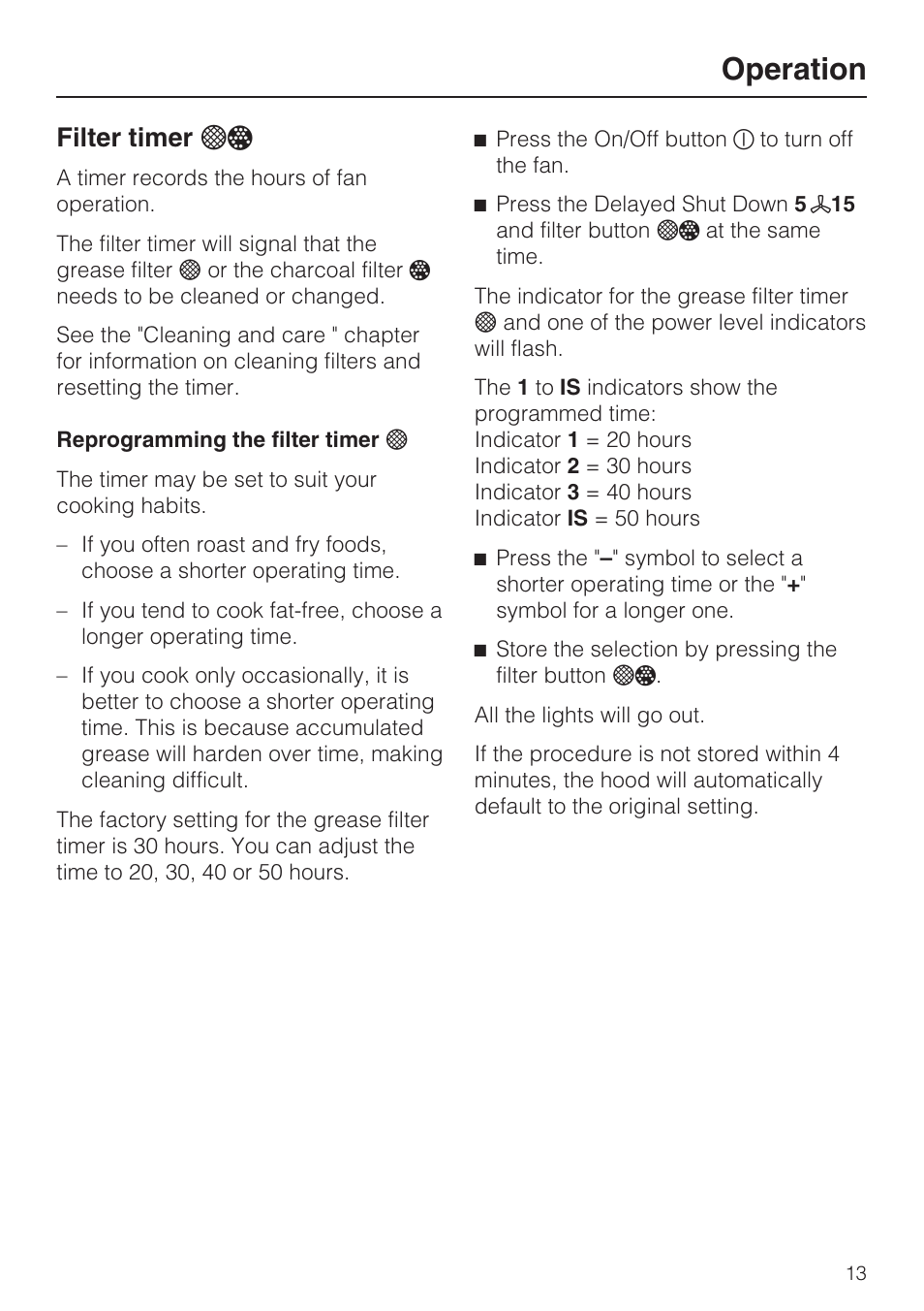 Filter timer l š 13, Operation, Filter timer l | Miele DA 6290 W User Manual | Page 13 / 36