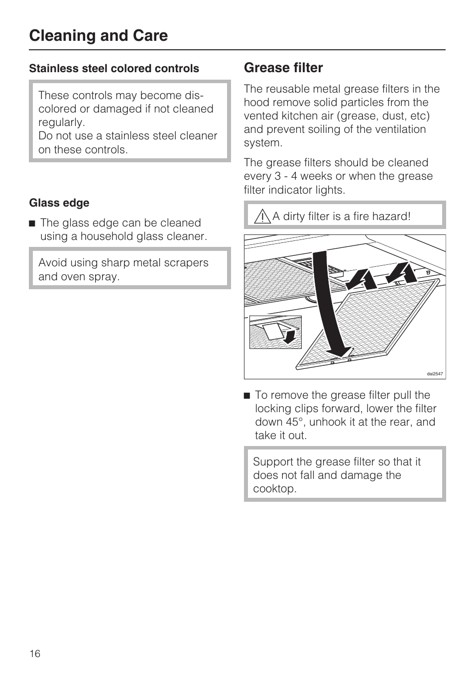 Grease filter 16, Cleaning and care, Grease filter | Miele DA 6290 W User Manual | Page 16 / 36