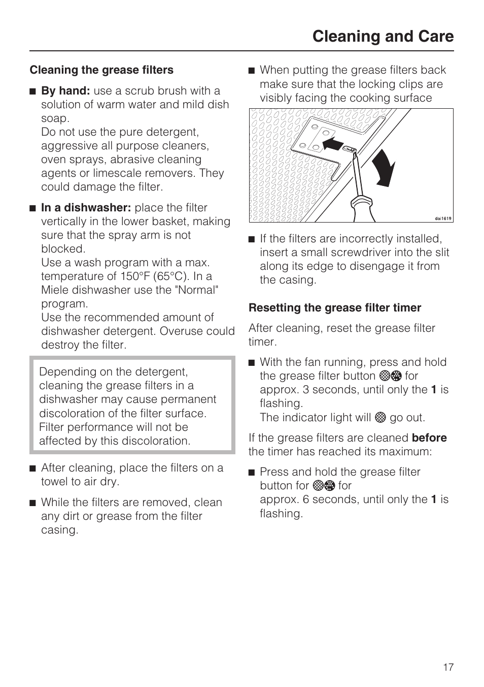 Resetting the grease filter timer 17, Cleaning and care | Miele DA 6290 W User Manual | Page 17 / 36