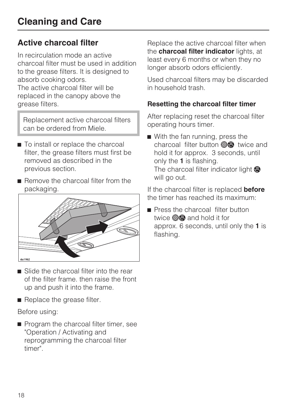 Active charcoal filter 18, Resetting the charcoal filter timer 18, Cleaning and care | Active charcoal filter | Miele DA 6290 W User Manual | Page 18 / 36