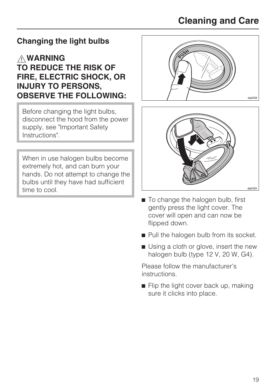 Changing the light bulbs 19, Cleaning and care | Miele DA 6290 W User Manual | Page 19 / 36