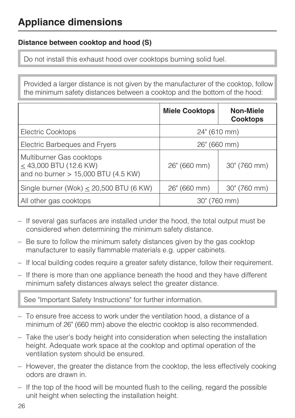 Appliance dimensions | Miele DA 6290 W User Manual | Page 26 / 36