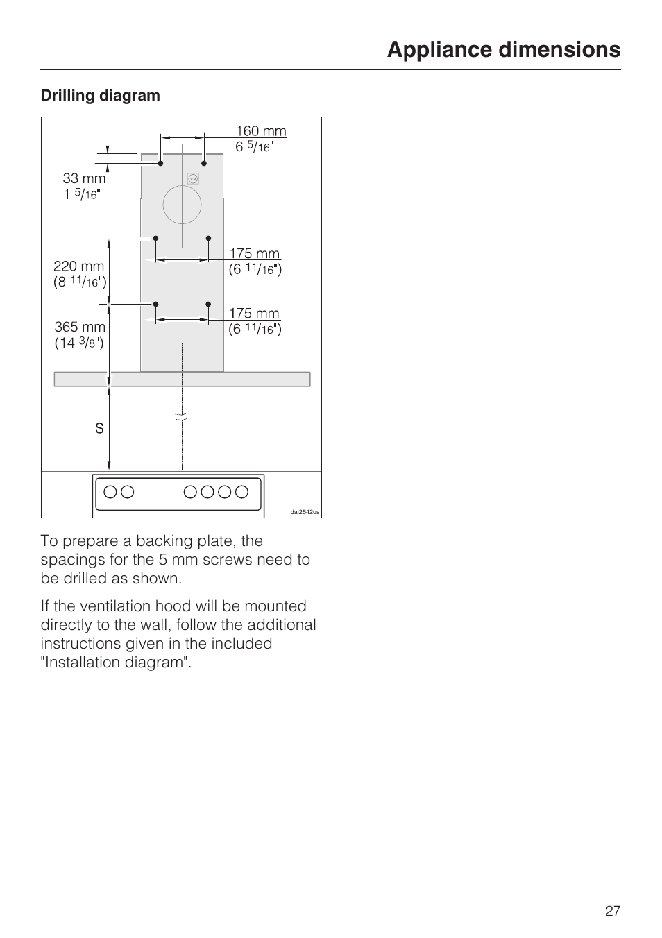 Appliance dimensions | Miele DA 6290 W User Manual | Page 27 / 36