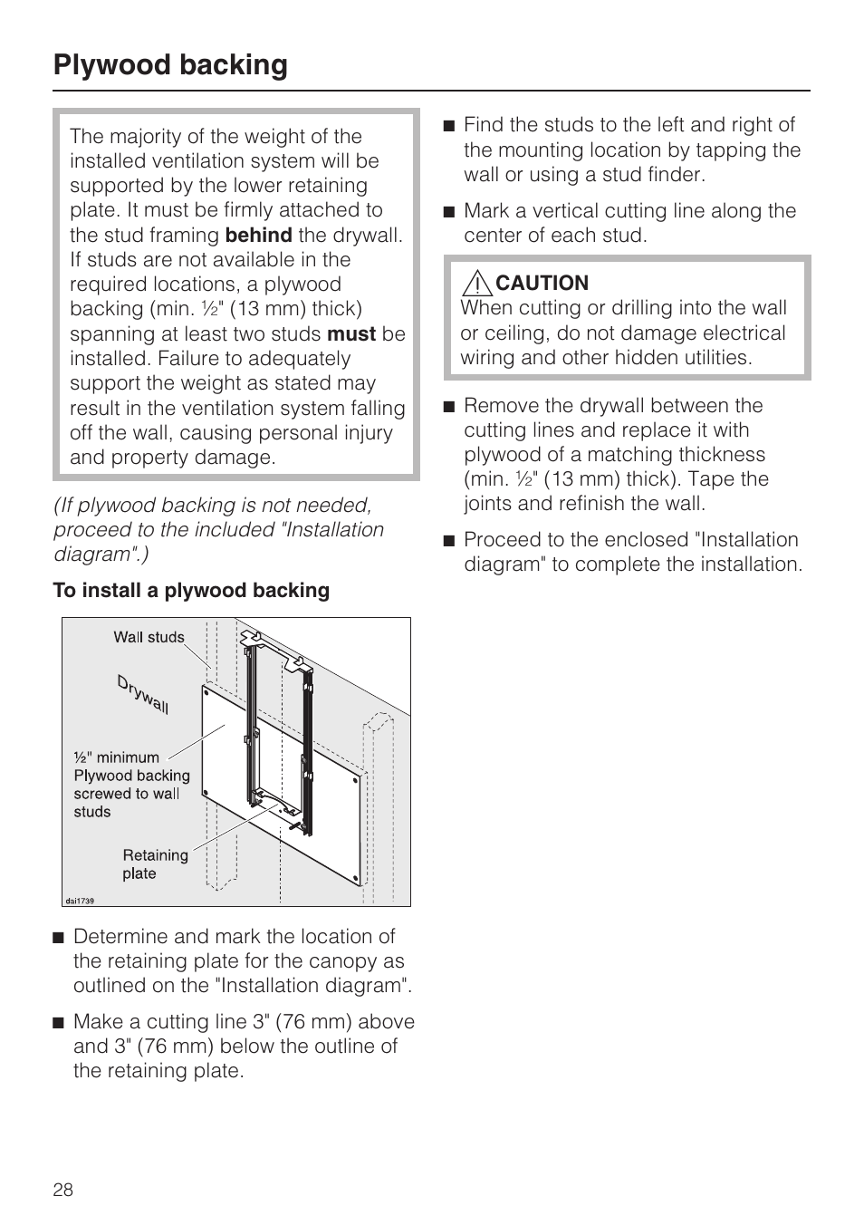 Structural support 28, Plywood backing | Miele DA 6290 W User Manual | Page 28 / 36