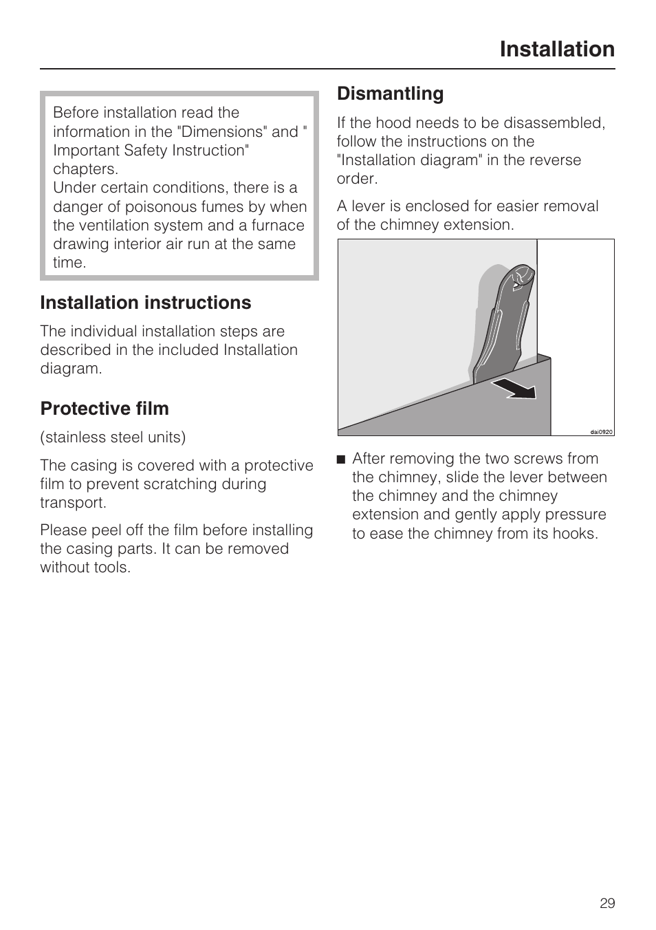 Installation 29, Installation instructions 29, Protective film 29 | Dismantling 29, Installation | Miele DA 6290 W User Manual | Page 29 / 36