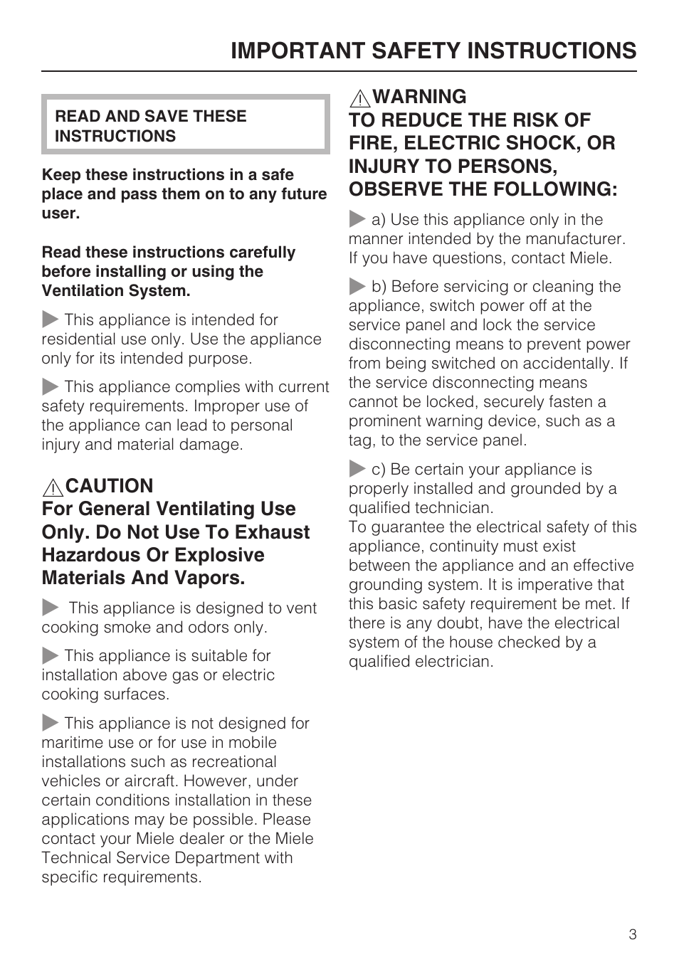 Important safety instructions 3, Important safety instructions | Miele DA 6290 W User Manual | Page 3 / 36