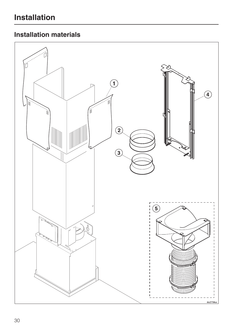 Installation material 30, Installation | Miele DA 6290 W User Manual | Page 30 / 36