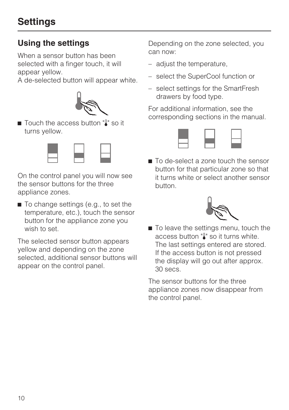 Settings 10, Settings, Using the settings | Miele K1911SF User Manual | Page 10 / 56