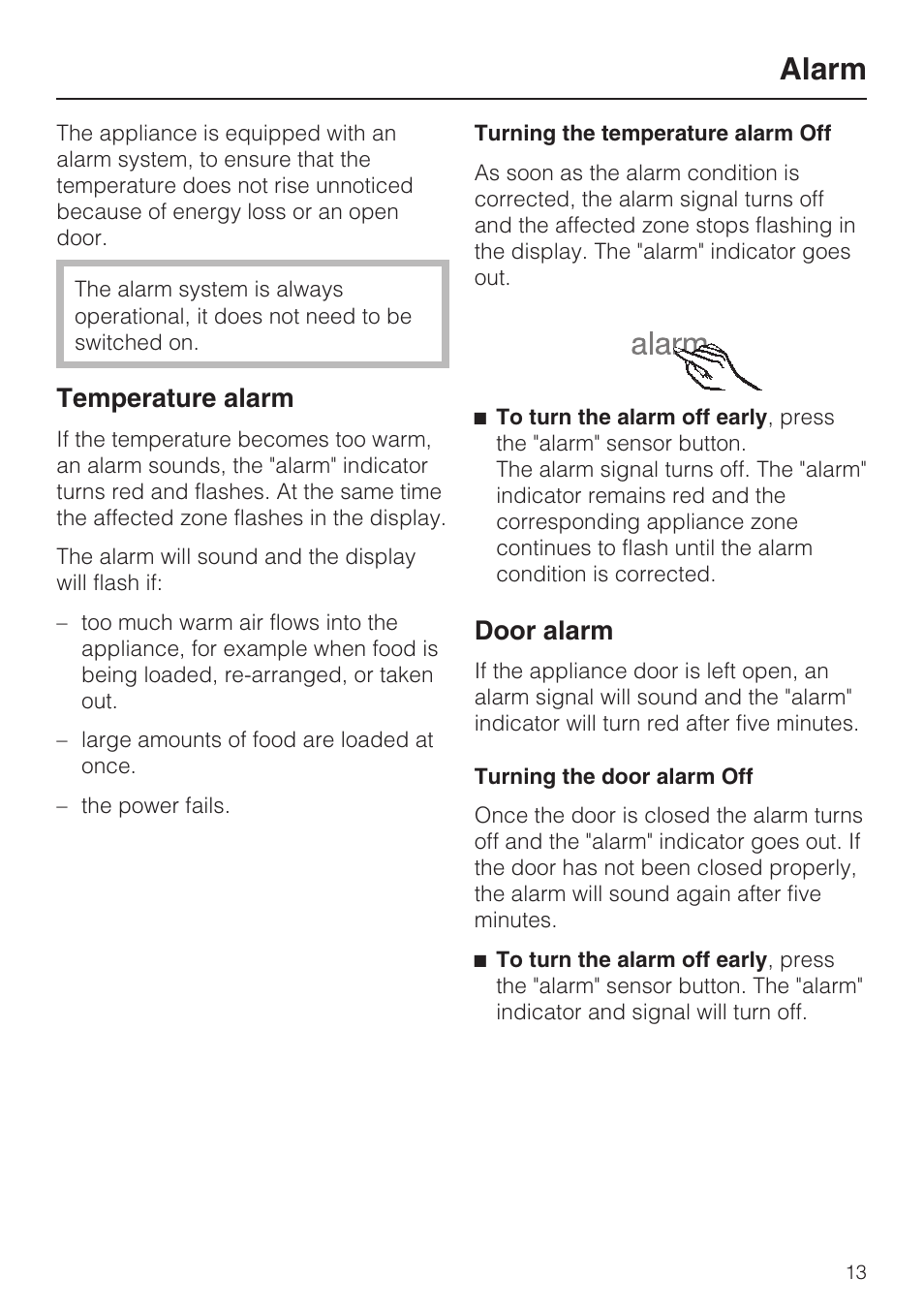 Alarm 13, Temperature alarm 13, Door alarm 13 | Alarm, Temperature alarm, Door alarm | Miele K1911SF User Manual | Page 13 / 56