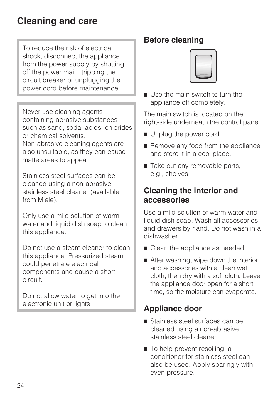 Cleaning and care 24, Cleaning the interior and accessories 24, Appliance door 24 | Cleaning and care, Before cleaning, Cleaning the interior and accessories, Appliance door | Miele K1911SF User Manual | Page 24 / 56