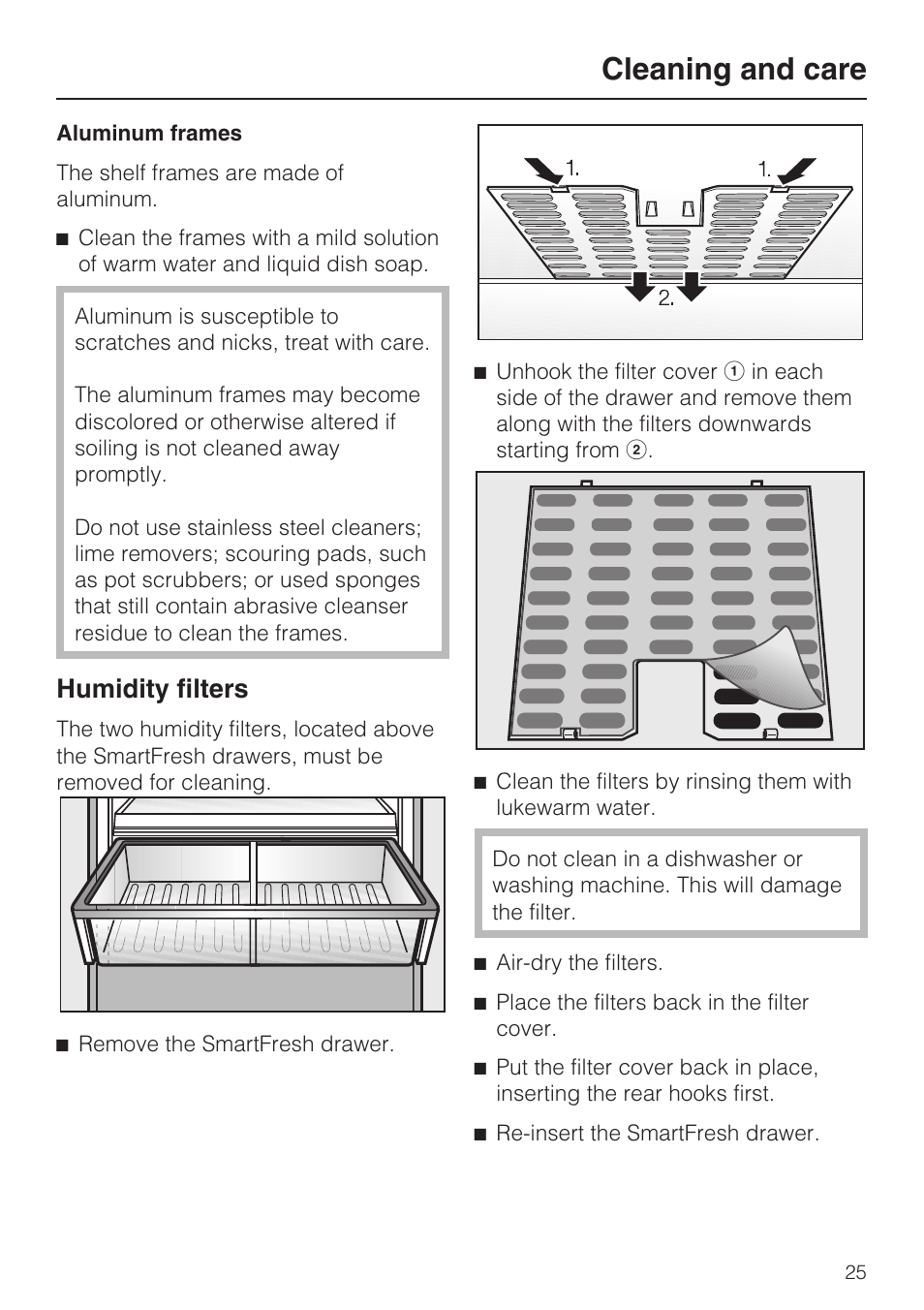 Humidity filters 25, Cleaning and care, Humidity filters | Miele K1911SF User Manual | Page 25 / 56