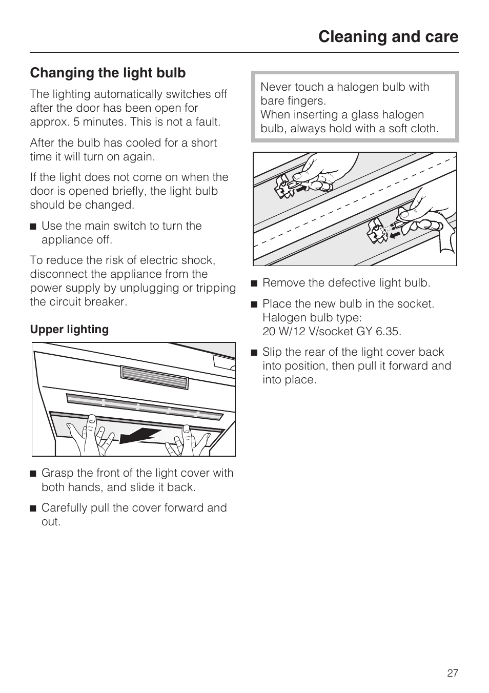 Changing the light bulb 27, Cleaning and care, Changing the light bulb | Miele K1911SF User Manual | Page 27 / 56